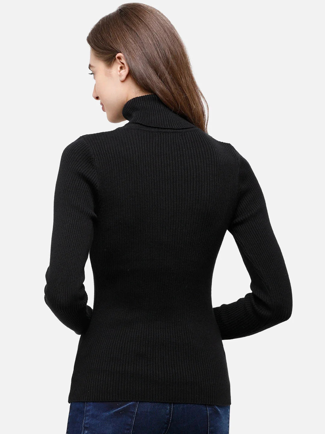 Woman with long brown hair wears 98degreenorth Black Women’s Ribbed Stretchable Turtleneck Sweater, facing away.