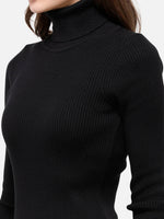 98degreenorth Black Women’s Ribbed Stretchable Turtleneck Sweater, slim fit knit winter top, shown waist-up in India.