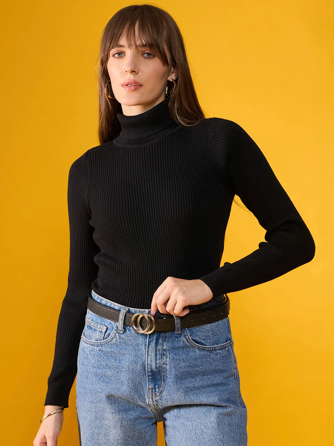 Black Women’s Ribbed Stretchable Turtleneck Sweater – Slim Fit Winter Knit Top for Indian Fashion