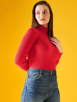 Woman wears 98degreenorth Bright Red Ribbed Turtleneck Sweater, slim fit knit pullover, against a yellow background.