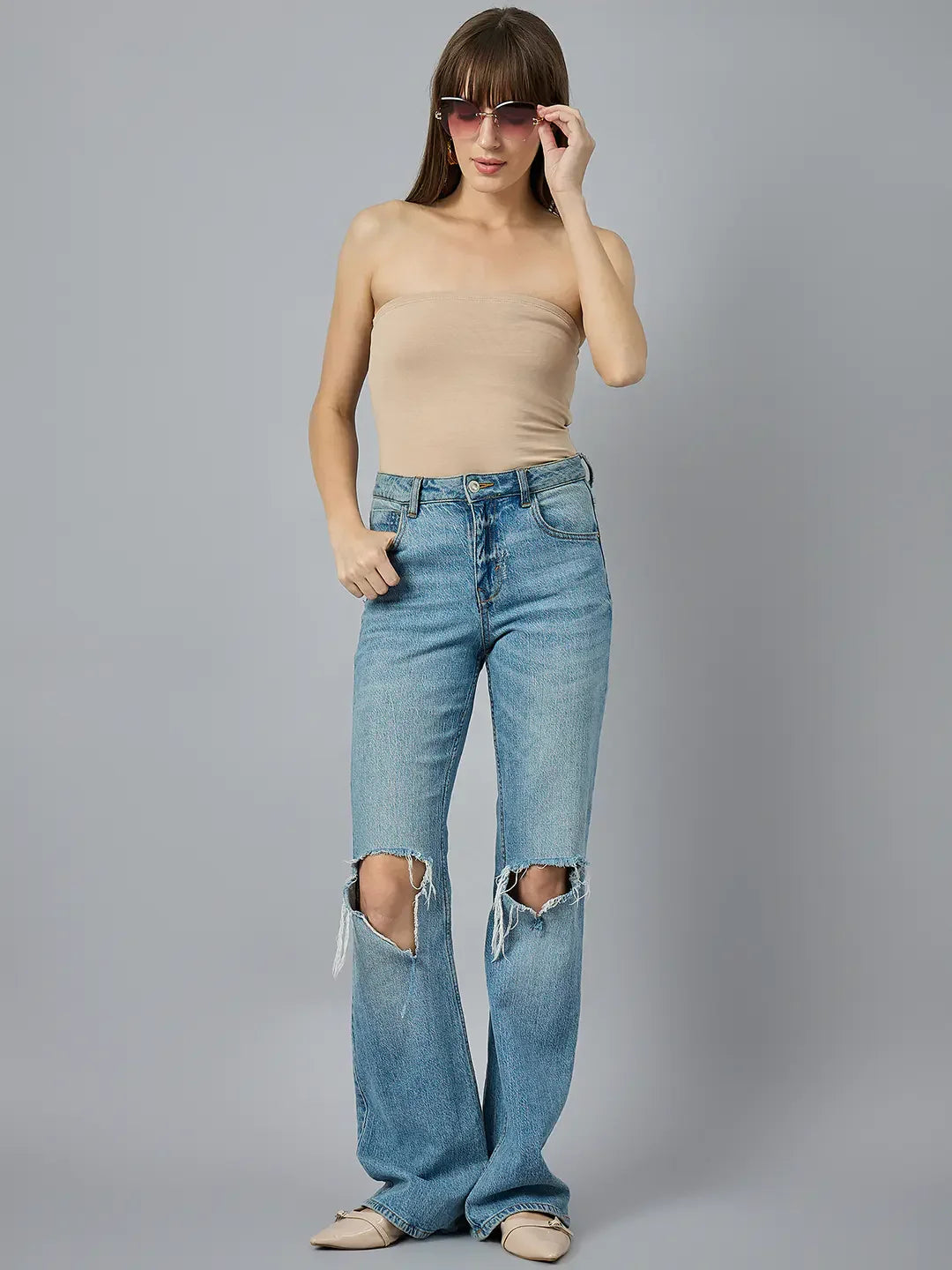 Camel Brown Tube Crop Top – Neutral Strapless Trend for Everyday Denim & Boho Looks | 98 Degree North