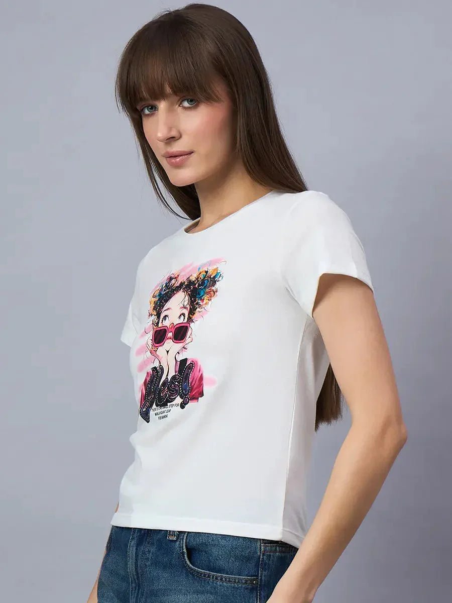 Model wears 98degreenorths typography cotton tee, a casual and stylish pick for streetwear-loving women.