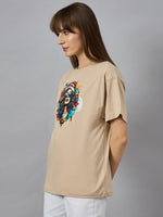 Woman wearing 98degreenorth Casual Cotton Round Neck T-shirt with Typography Print, standing sideways against gray background.