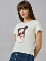 Woman in 98degreenorth Casual Cotton Typography T-Shirt, styled streetwear, against a gray background.
