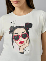 Woman in a 98degreenorth casual cotton typography t-shirt with a relaxed streetwear vibe.