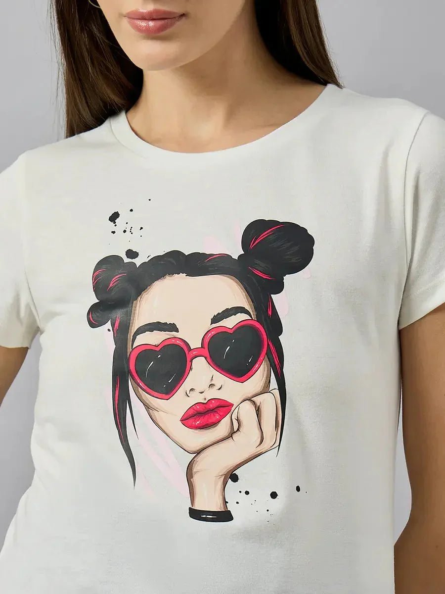Woman in a 98degreenorth casual cotton typography t-shirt with a relaxed streetwear vibe.