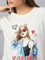 Woman in a 98degreenorth Casual Streetwear Cotton Typography T-shirt – Women’s Relaxed Fit with girl graphic.