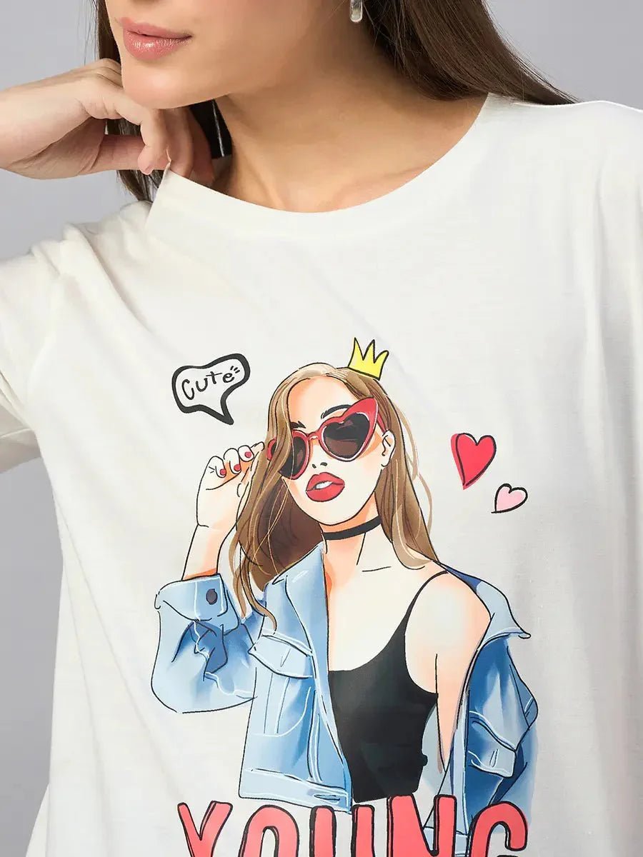 Woman in a 98degreenorth Casual Streetwear Cotton Typography T-shirt – Women’s Relaxed Fit with girl graphic.