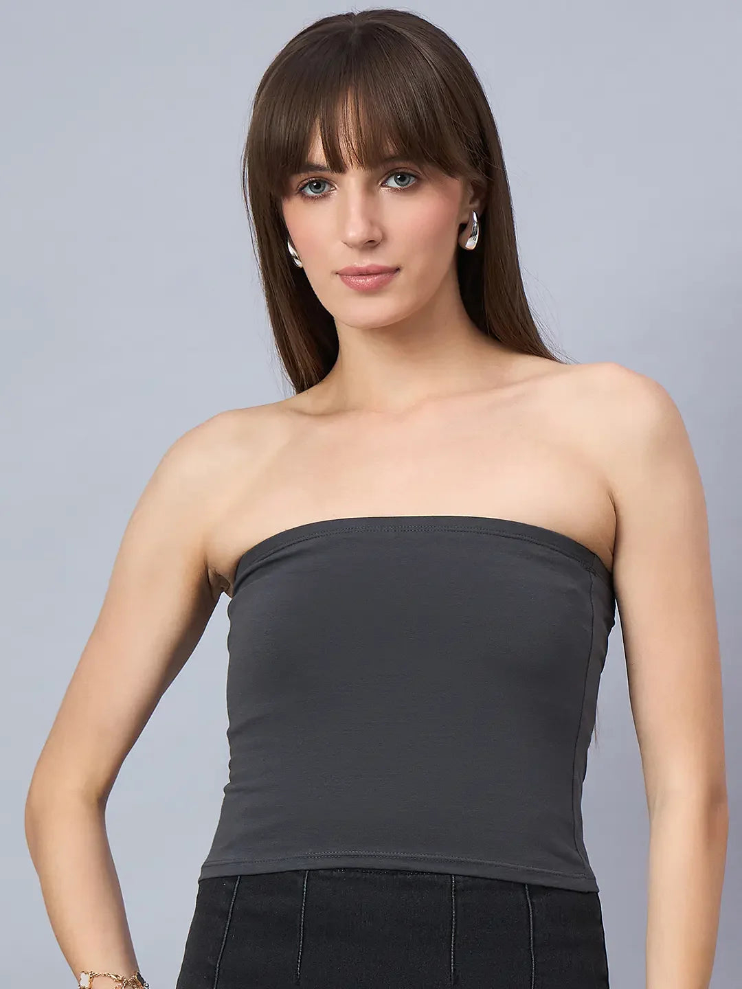 Charcoal Grey Women’s Tube Crop Top – Modern Minimal Strapless Street Style in India | 98 Degree North