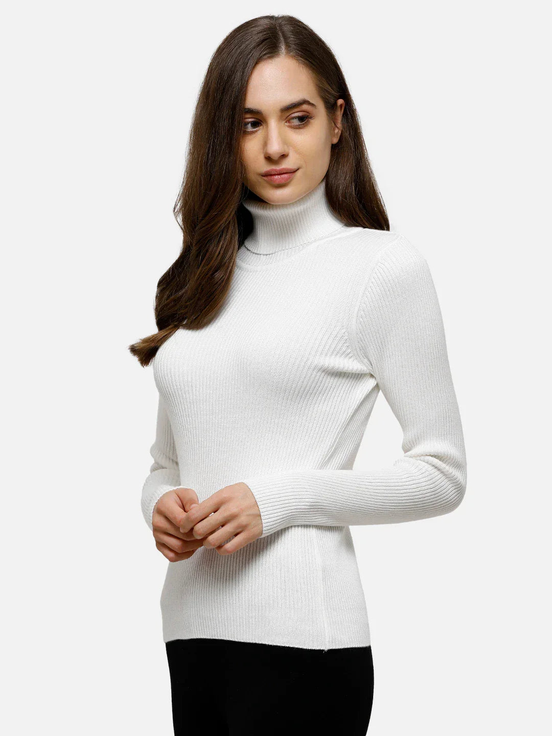 Model wears the 98degreenorth Classic White Ribbed Turtle Neck Sweater with black pants against a light background.