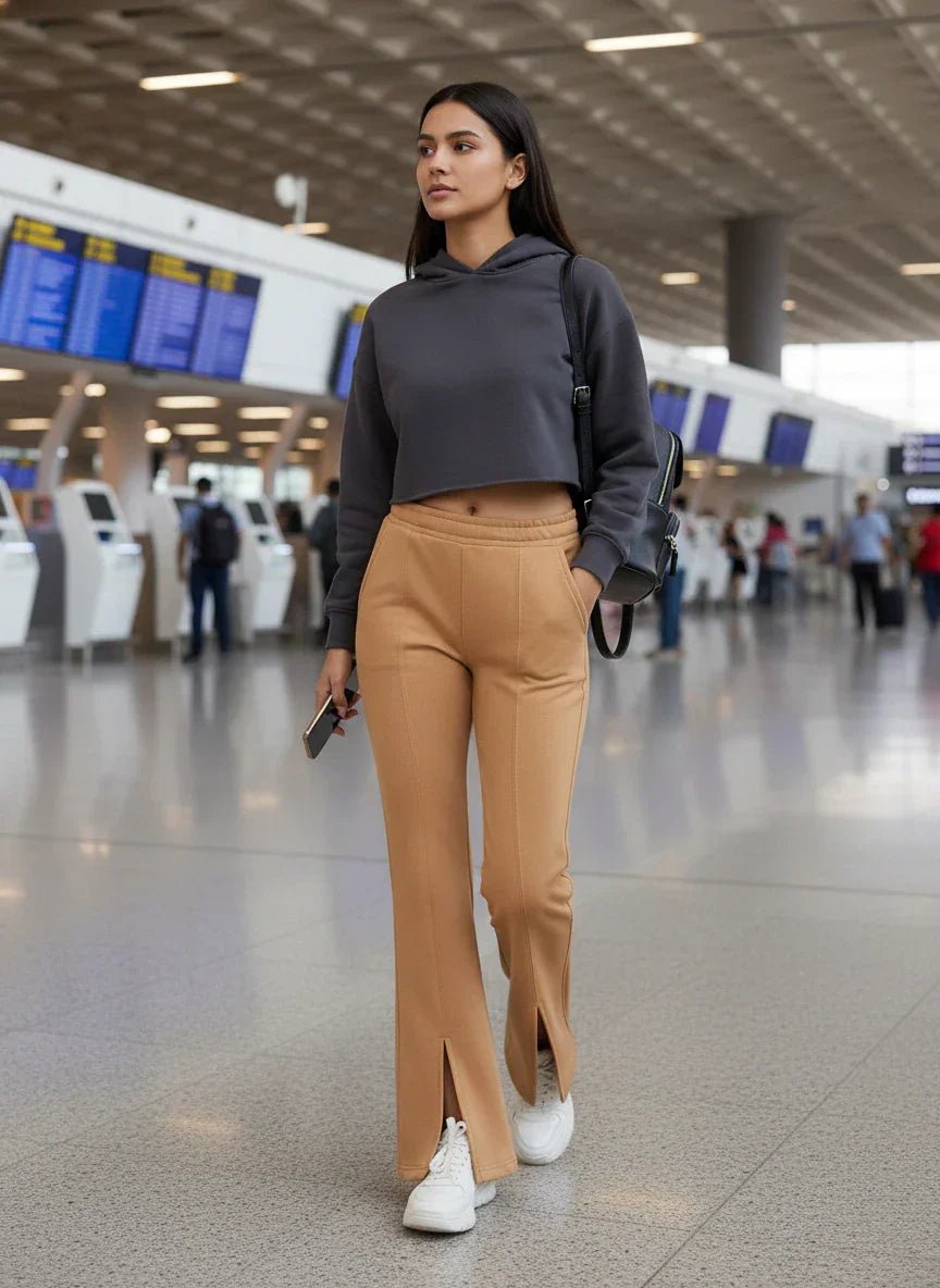 A woman in 98degreenorth Copper Brown Fleece Flared Sweatpants walks in an airport, phone and bag in hand.