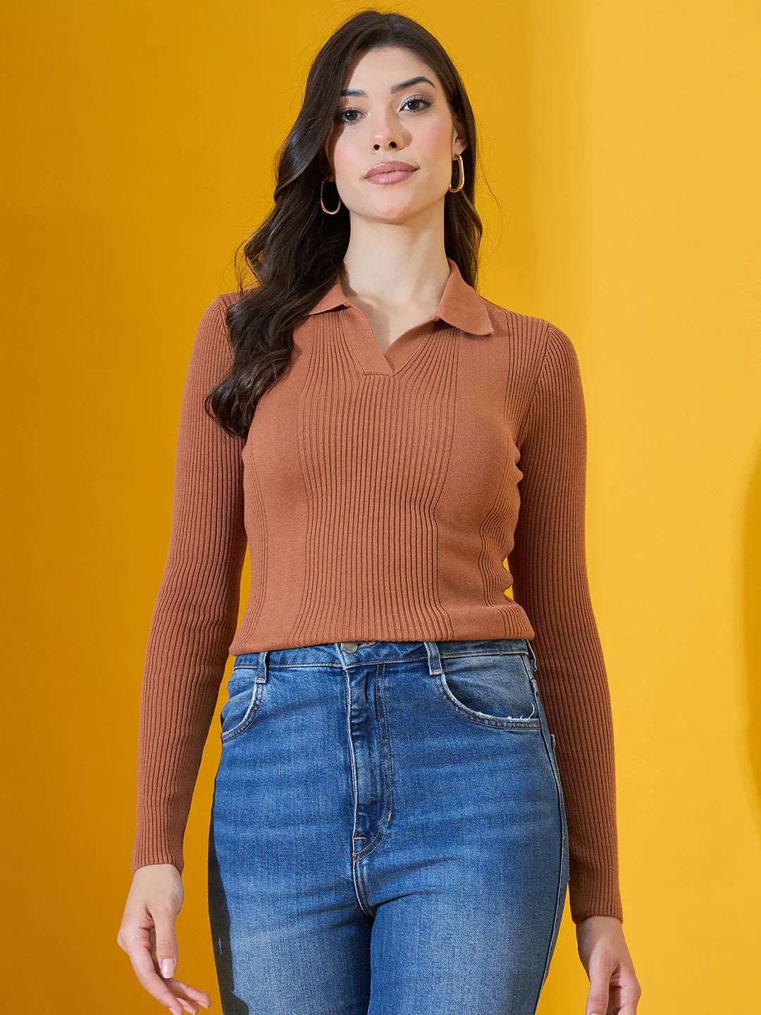 Dark Camel Ribbed Knit Collared Sweater – Women’s Casual Winter Pullover India