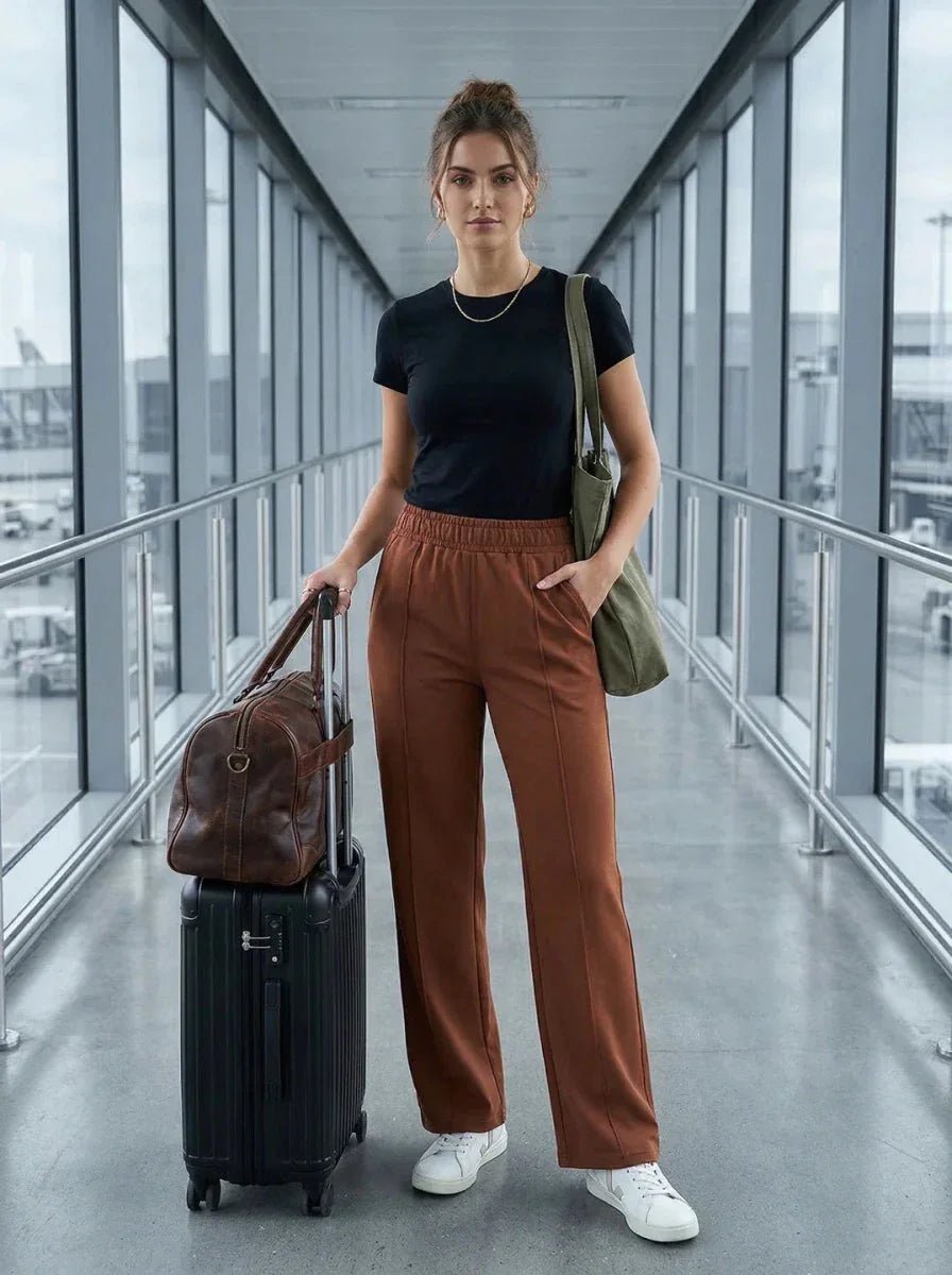 Woman in an airport, with luggage, wears black shirt and 98degreenorth Dark Rust Wide Leg Pintuck Trackpants.
