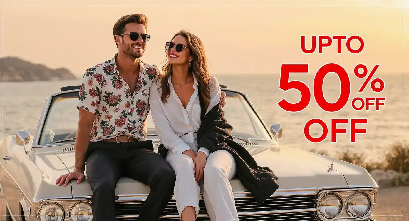 Couple sitting on a classic car with a scenic background and promotional text for 50% off.