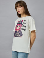 Woman wearing 98degreenorth Everyday Cotton Typography Print Tee, posing against a gray background.