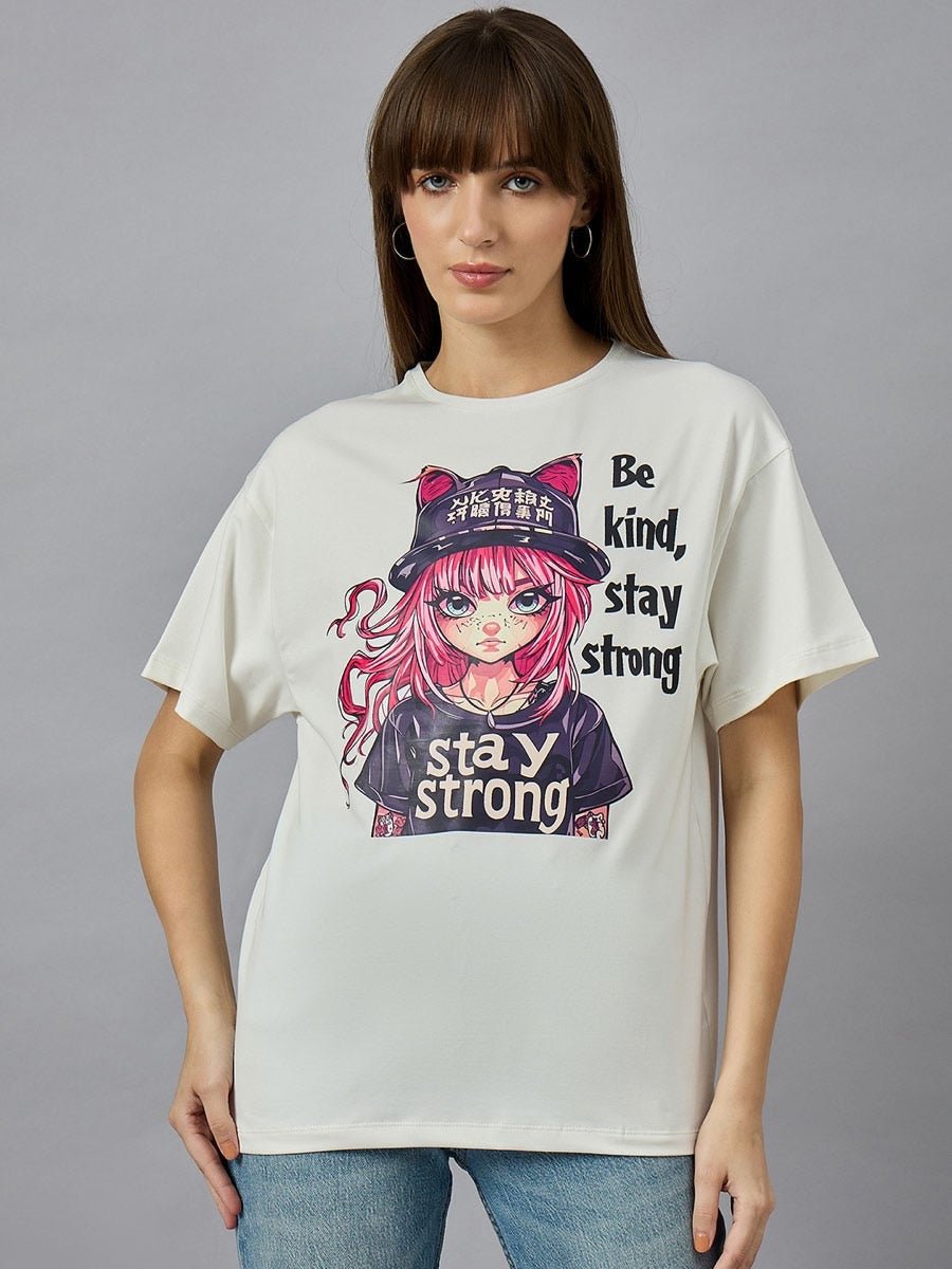 Woman in 98degreenorth’s Everyday Cotton Typography Print Tee—round neck, street style, perfect for travel.