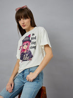 Woman in jeans wears the 98degreenorth Everyday Cotton Typography Print Tee, street style, round neck.