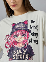 Woman in 98degreenorth Everyday Cotton Typography Print Tee—round neck, street style with anime art and cat ears.