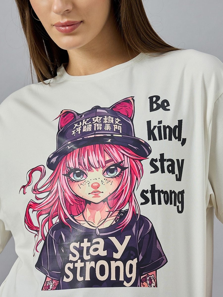 Woman in 98degreenorth Everyday Cotton Typography Print Tee—round neck, street style with anime art and cat ears.