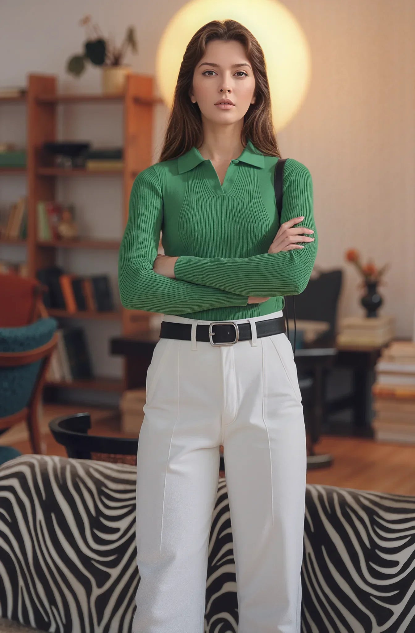Woman in 98degreenorth Fern Green Ribbed Knit Collared Sweater poses with arms crossed in a stylish zebra-print room.