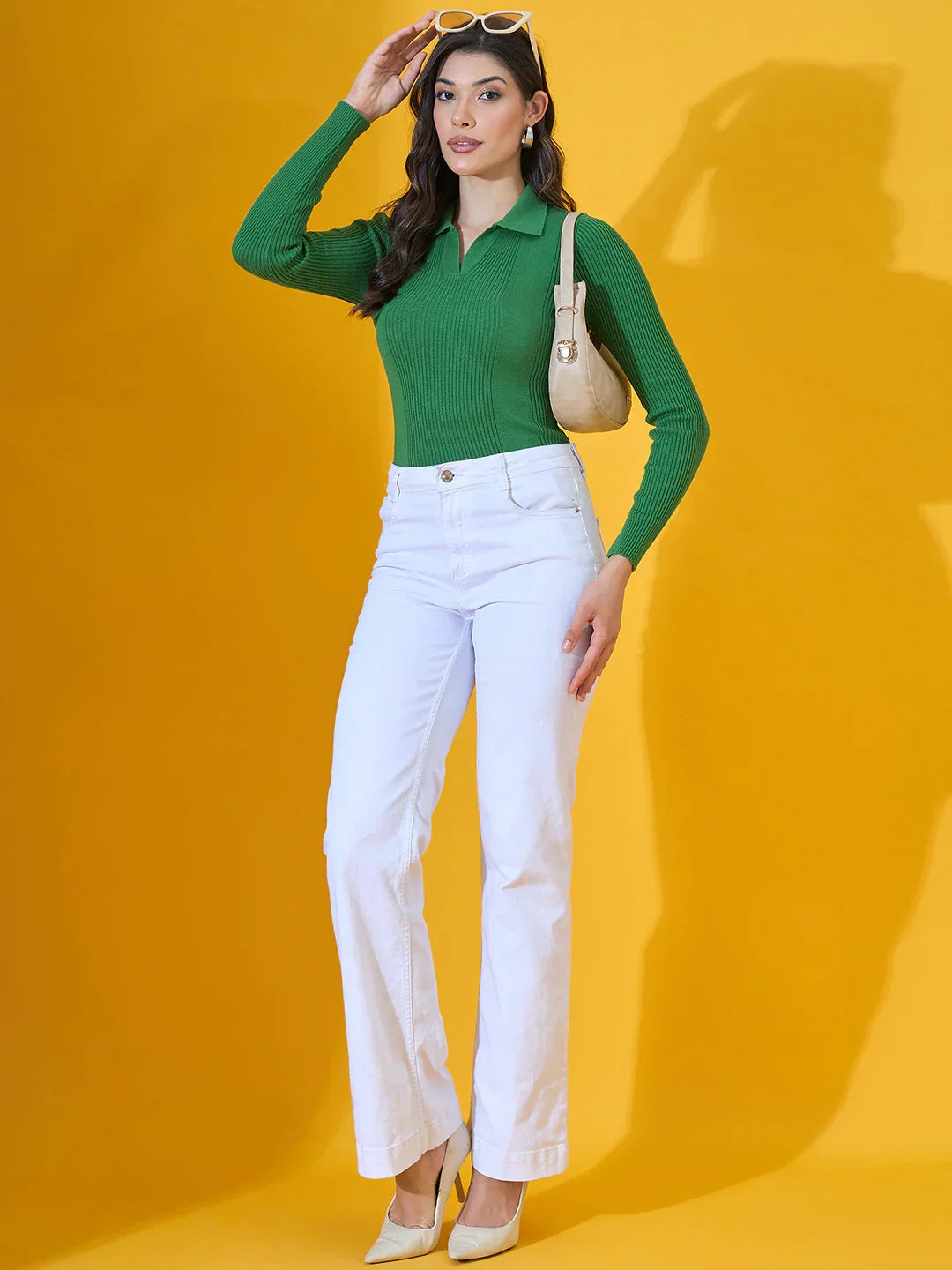 Fern Green Ribbed Knit Collared Sweater – Cozy Women’s Winterwear India Online