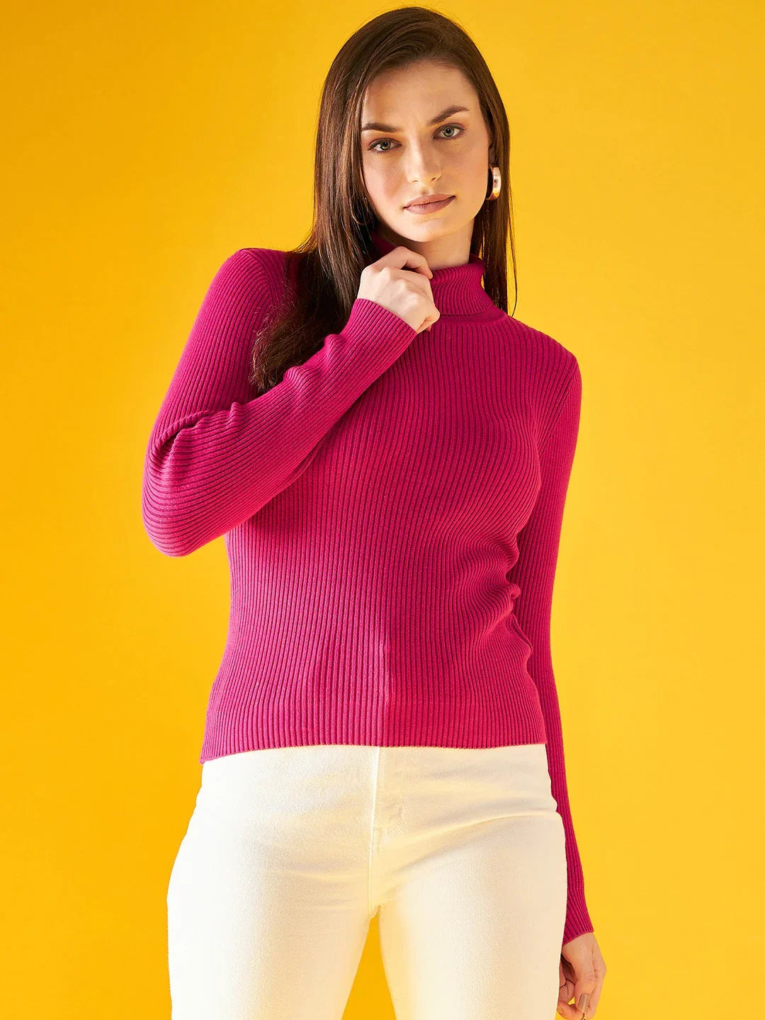 Fuchsia Ribbed Women’s Turtle Neck Sweater – Stretchable Slim Fit Winter Pullover for Urban Style