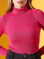 A woman in a 98degreenorth Fuchsia Ribbed Stretch Turtleneck Sweater stands against a bold yellow background.