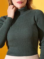 Model in 98degreenorth’s Hunter Green Ribbed Turtleneck Sweater, slim fit stretch knit, yellow backdrop, cropped at shoulders.