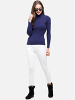Woman in 98degreenorth’s ink blue ribbed turtleneck sweater—stretchable slim fit knitwear for office & college looks.