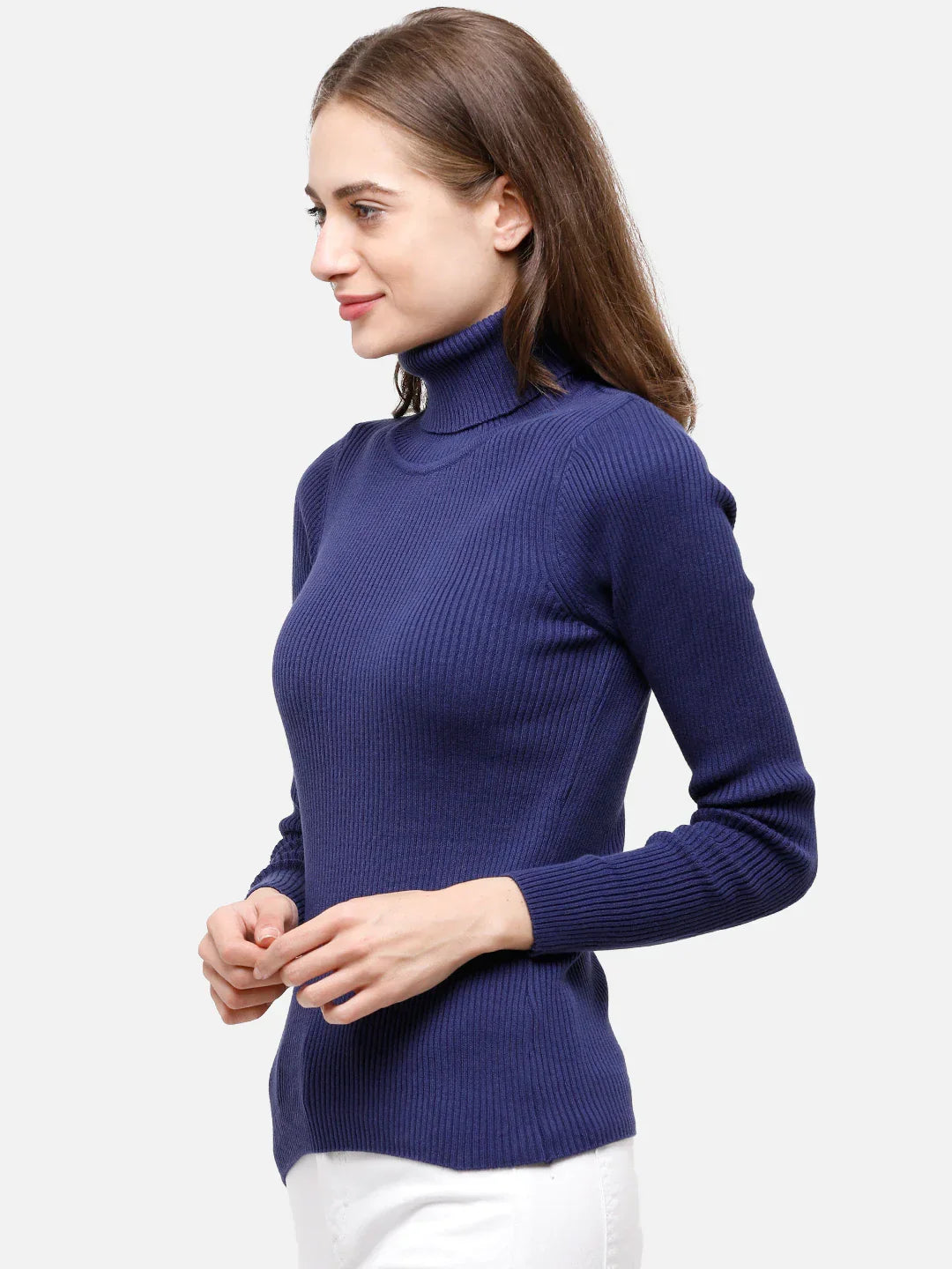 Woman wears 98degreenorth Ink Blue Ribbed Women’s Turtleneck Sweater, stretchable slim fit knitwear, smiling.