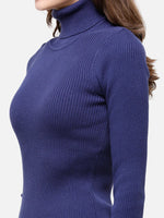 Woman wearing 98degreenorth Ink Blue Ribbed Turtleneck Sweater—stretchable, slim fit, shown neck to waist.