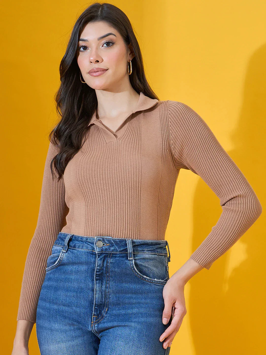 Light Camel Ribbed Collared Sweater for Women – Classic Knitwear Pullover India