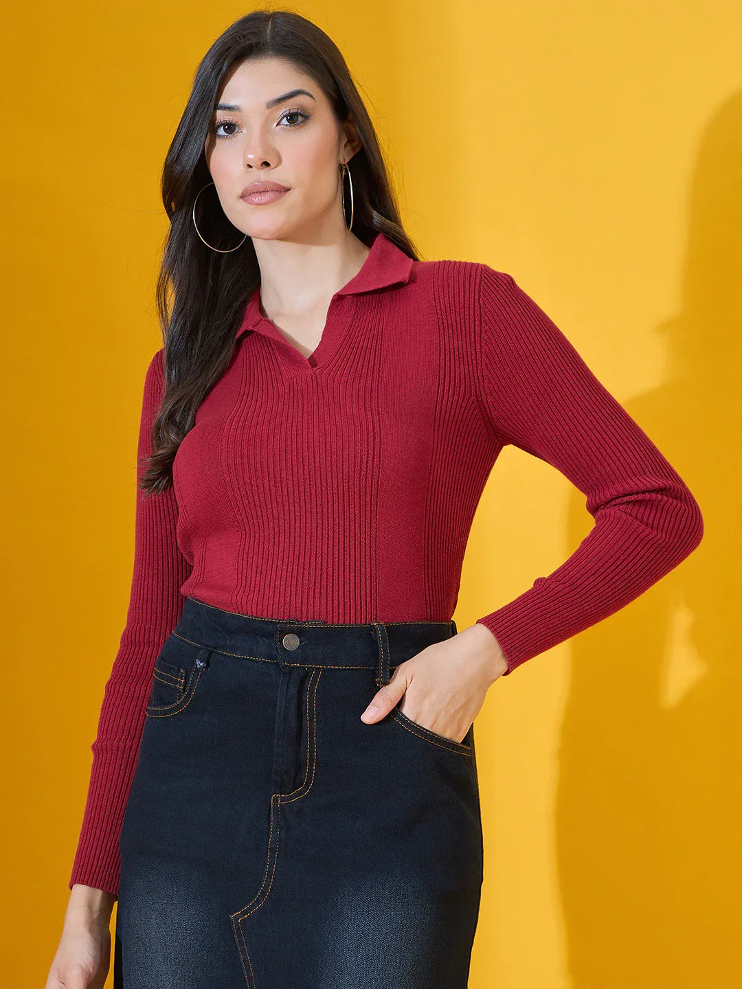 Maroon Women’s Ribbed Knit Collared Sweater – Warm Winter Fashion Top India