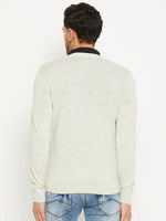 Man in 98degreenorth Men Merino Wool Ecru V-Neck Pullover and blue jeans, back to camera, on white background.