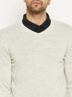 Man in 98degreenorth Men Merino Wool Ecru V-Neck Pullover over black collared shirt, premium Australian wool.