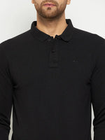 Man wearing 98degreenorth Men Polo Collar Full Sleeves Black T-shirt with a small embroidered logo on the left chest.