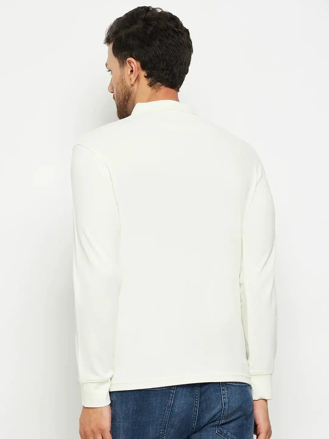 Man in 98degreenorth Men Polo Collar Full Sleeves Butter T-shirt and blue jeans, seen from the back on white background.
