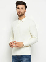 Man in 98degreenorth Men Polo Collar Full Sleeves Butter T-shirt and blue jeans against a white background.