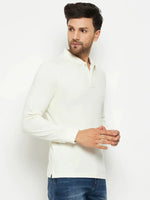 Man wears 98degreenorth Men Polo Collar Full Sleeves Butter T-shirt with blue jeans, against a plain white background.
