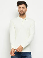 Man wearing a 98degreenorth Men Polo Collar Full Sleeves Butter T-shirt and blue jeans against a white background.