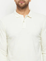 Man in a 98degreenorth Men Polo Collar Full Sleeves Butter T-shirt, cropped at the shoulders.