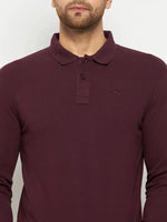 Man wearing a 98degreenorth Men Polo Collar Full Sleeves Dark Wine T-shirt, shown waist-up against a plain background.