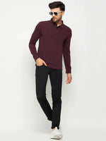 Man in 98degreenorth Men Polo Collar Full Sleeves Dark Wine T-shirt, black pants, white sneakers, sunglasses, white background.