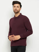 Man in 98degreenorth Men Polo Collar Full Sleeves Dark Wine T-shirt and black pants poses against a plain white background.
