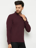 Man wearing 98degreenorth Men Polo Collar Full Sleeves Dark Wine T-shirt, looking down touching his collar.