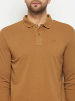 Man in a 98degreenorth Men Polo Collar Full Sleeves Khakhi T-shirt with a small left chest logo.