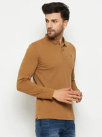 Man in 98degreenorth Men Polo Collar Full Sleeves Khakhi T-shirt, standing against a plain white background.