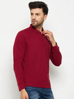 Man in 98degreenorth Men Polo Collar Full Sleeves Maroon T-shirt and blue jeans against a plain white background.