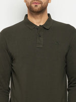 Man wearing 98degreenorth Men Polo Collar Full Sleeves T-shirt in olive with small left chest logo.