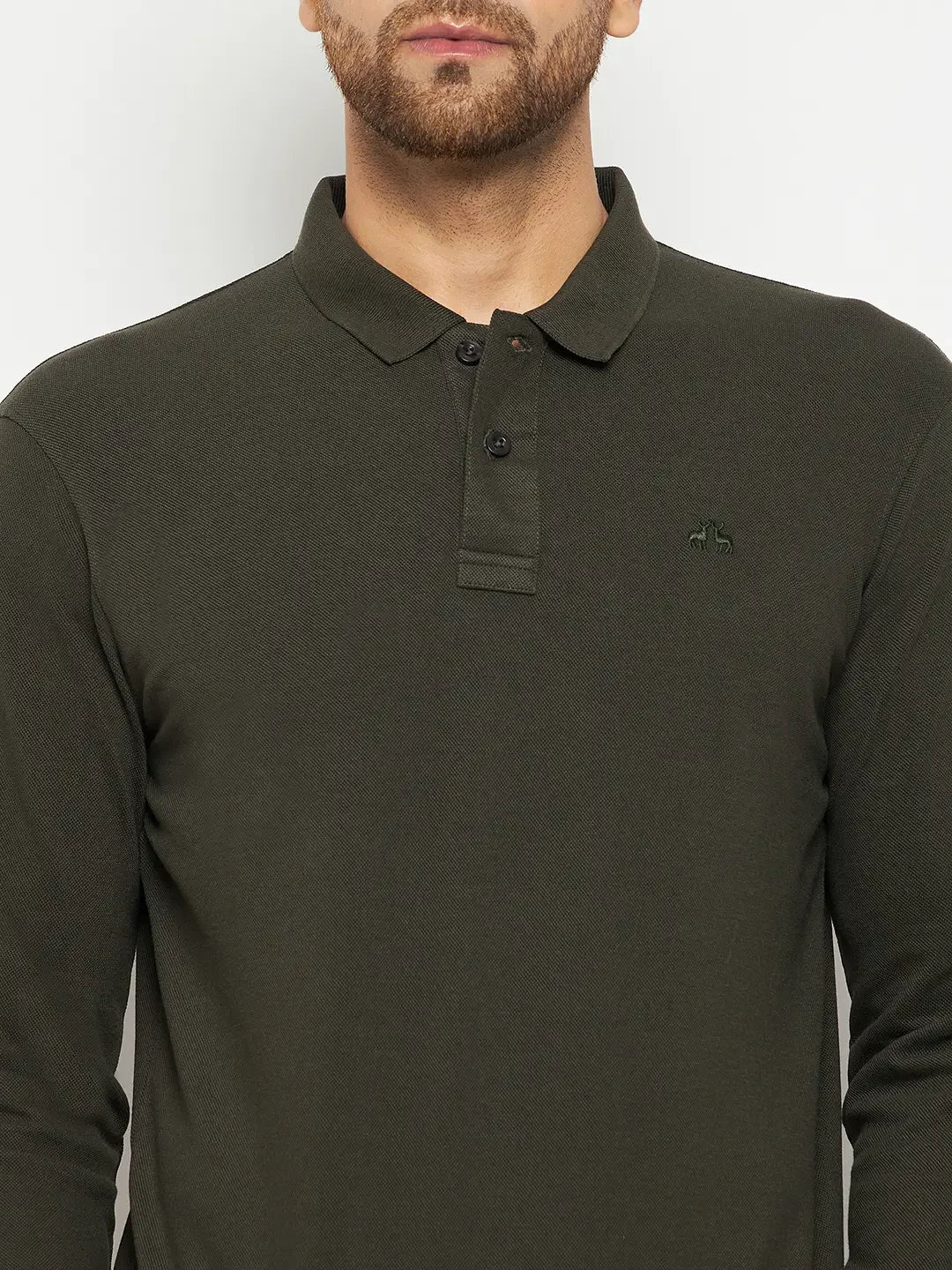 Man wearing 98degreenorth Men Polo Collar Full Sleeves T-shirt in olive with small left chest logo.